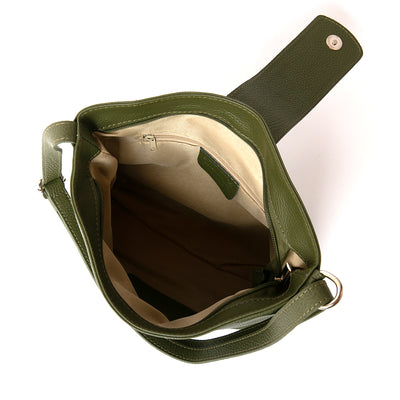 Pimlico Handbag in khaki green, pictured from above to show cream interior lining and inside zip pocket. Made from Italian leather.